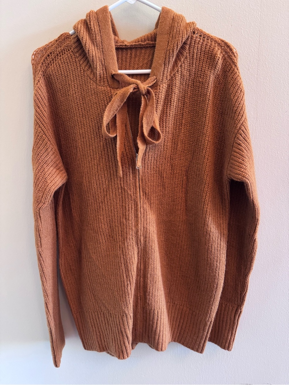 Unbranded Rust Knit Hooded Sweater Small Zip Front Tie Neck Long Sleeve
